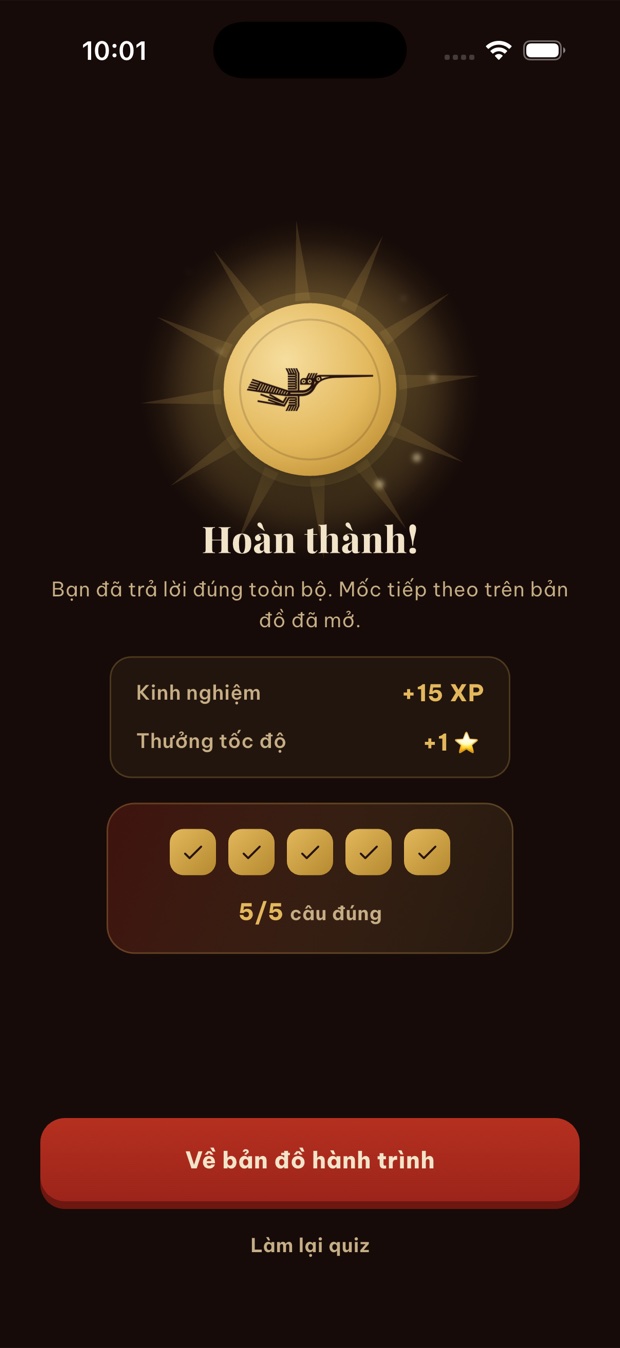 Màn hình hoàn thành quiz với phần thưởng kinh nghiệm